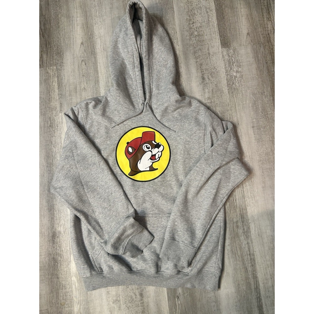 Buc-ee's Bucky Beaver Hoodie Mens Medium Gray Pullover Sweatshirt Graphic